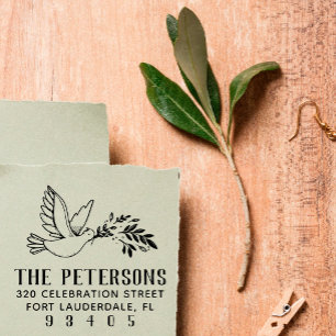 Dove & Branch Drawing Family Name Return Address Rubber Stamp