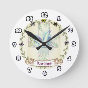Dove Christian Cross  Round Clock