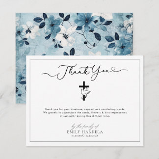 Dove Cross Blue Floral Funeral Thanks Card