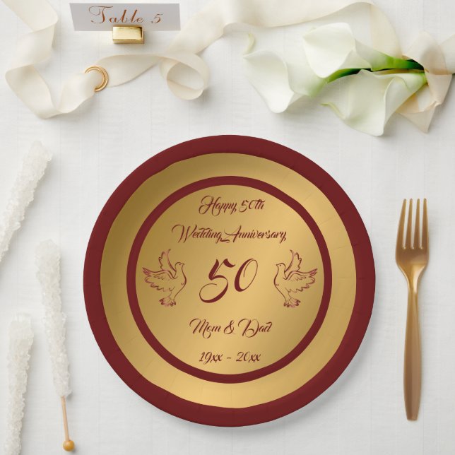 Dove Customize Happy Gold 50th Anniversary Paper Plate (Wedding)