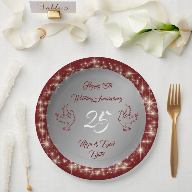 Dove Customize Happy Silver 25th Anniversary Paper Plate (Wedding)