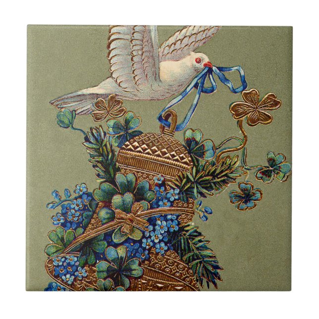 Dove Forget Me Not Four Leaf Clover Bell Evergreen Tile (Front)