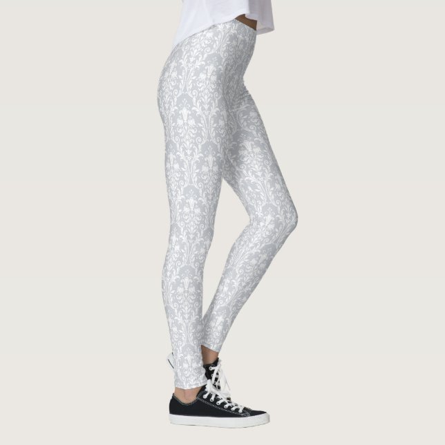 Dove Gray & White Damask Floral Swirls Leggings (Right)