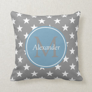 Dove Grey and Carolina Blue Stars Monogram Throw Pillow