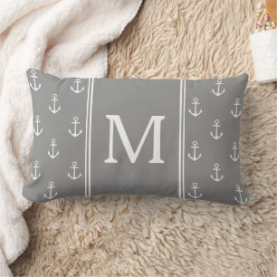 Dove Grey and White Anchors Monogram Lumbar Pillow