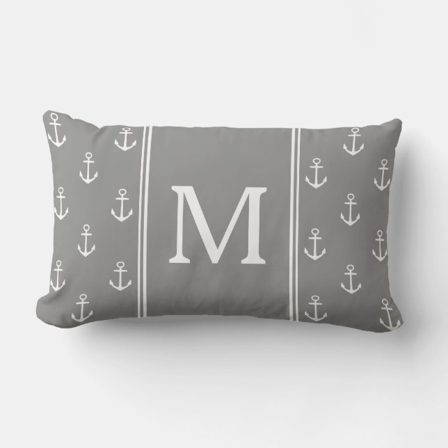 Dove Grey and White Anchors Monogram Lumbar Pillow (Front)
