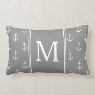 Dove Grey and White Anchors Monogram Lumbar Pillow