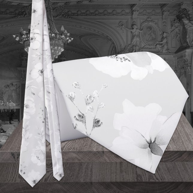 Dove Grey On White Garden Peony Wedding Neck Tie (Creator Uploaded)