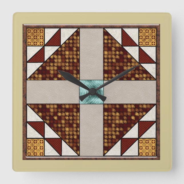 Dove in Window Quilt Block Brown Cream no numbers Square Wall Clock (Front)