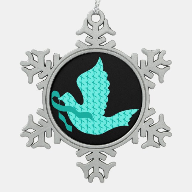 Dove of Hope Teal Ribbon - Ovarian Cancer Snowflake Pewter Christmas Ornament (Front)