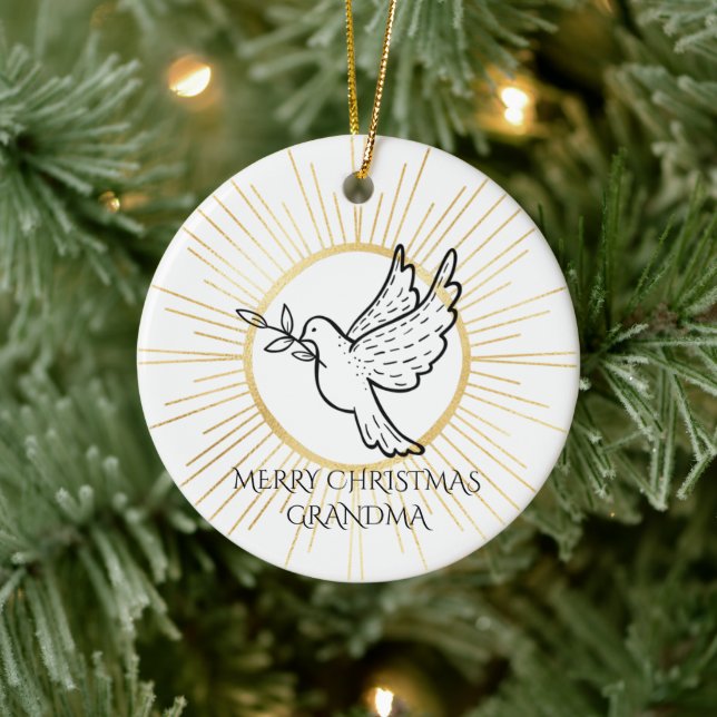 Dove of Peace Editable Grandma Black Gold White Ceramic Ornament (Tree)