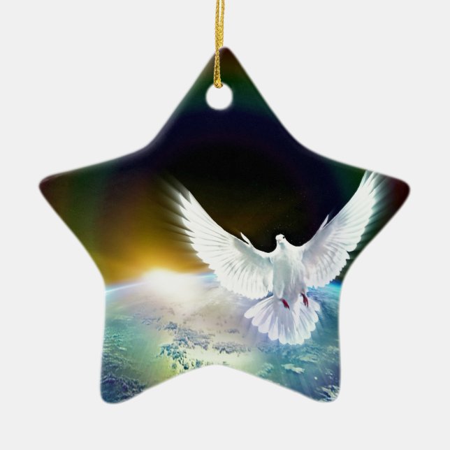 Dove of Peace Holy Spirit over Earth with Rainbow. Ceramic Ornament (Front)
