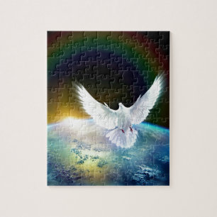 Dove of Peace Holy Spirit over Earth with Rainbow Jigsaw Puzzle