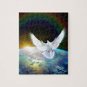 Dove of Peace Holy Spirit over Earth with Rainbow. Jigsaw Puzzle