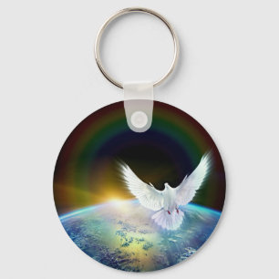 Dove of Peace Holy Spirit over Earth with Rainbow. Keychain