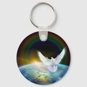 Dove of Peace Holy Spirit over Earth with Rainbow Keychain