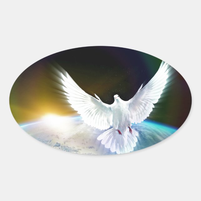 Dove of Peace Holy Spirit over Earth with Rainbow. Oval Sticker (Front)