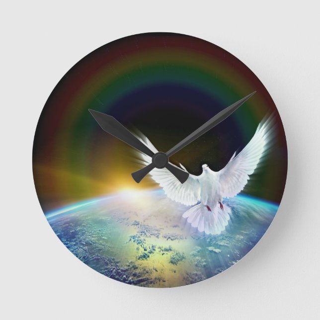 Dove of Peace Holy Spirit over Earth with Rainbow. Round Clock (Front)