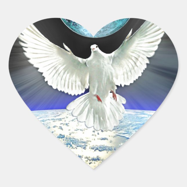 Dove of Peace over Planet Earth Sunrise Heart Sticker (Front)
