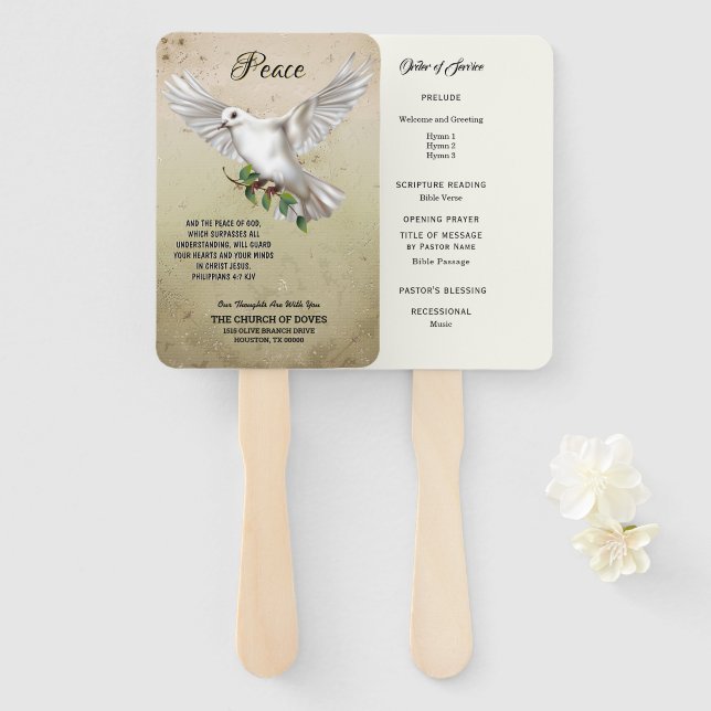 Dove of Peace Personalized Scripture Verse Program Hand Fan (Front and Back)