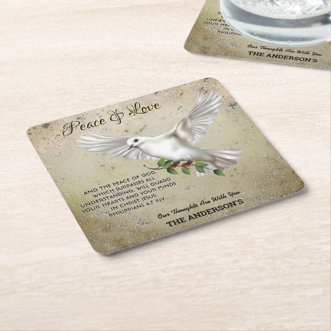 Dove of Peace Personalized Scripture Verse Square Paper Coaster (Angled)