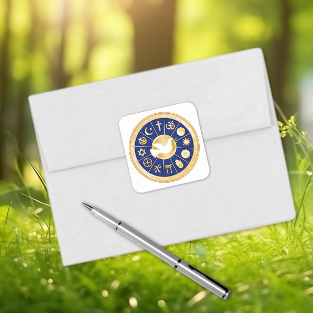 Dove of Peace Square Sticker (Dove of Peace Square Sticker.
Gold icons of world faiths.)
