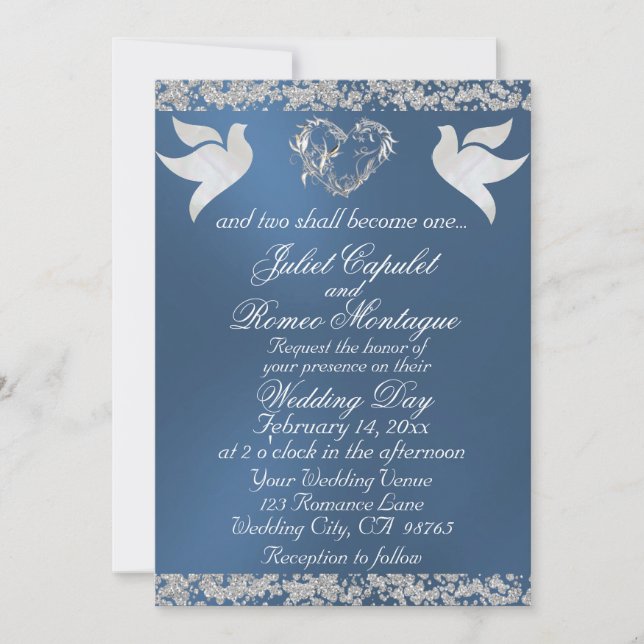 Dove, Silver Heart & Glitter, QR Code - Blue Invitation (Front)