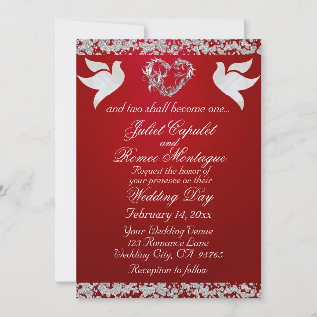 Dove, Silver Heart & Glitter, QR Code - Crimson Invitation (Front)