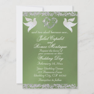 Dove, Silver Heart & Glitter, QR Code - Sage Invitation