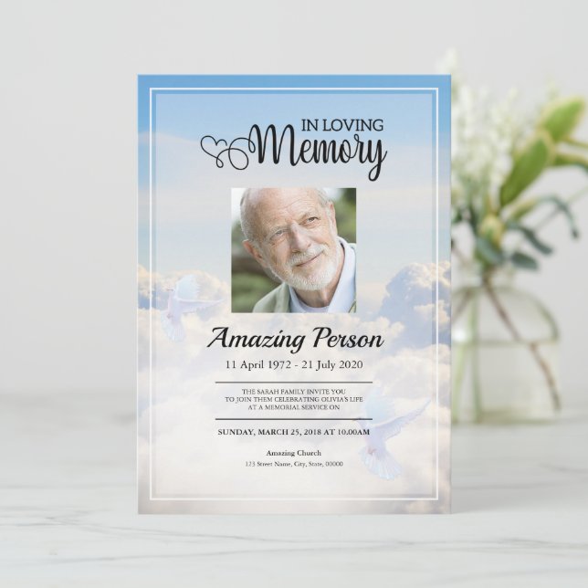 Dove & sky Funeral order of service Invitation (Standing Front)