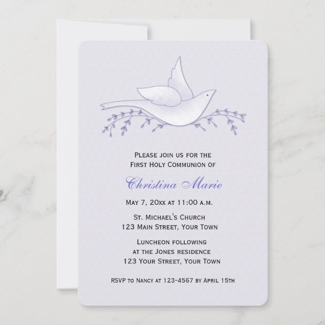 Dove with Branches, Lilac, First Communion Invitation (Front)