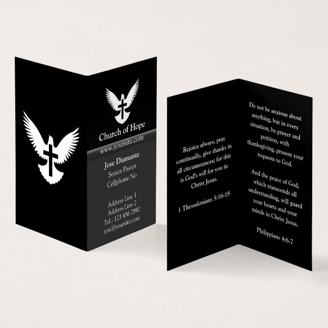 Dove with Cross Black Vertical Folded Business Card (Inside and Outside)