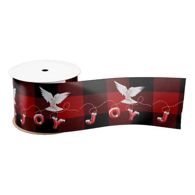 Dove with Joy Text on Buffalo Plaid Satin Ribbon (Spool)