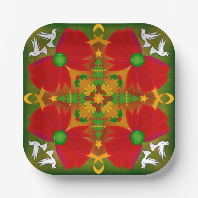 Doves and Christmas Bows Paper Plate (Front)