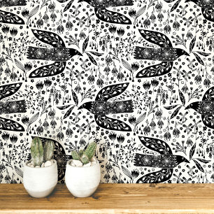 Doves and Flowers Black and White Bird Art Wallpaper