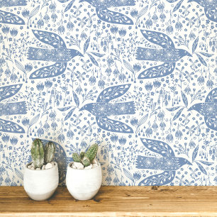 Doves and Flowers Blue and White Bird Art Wallpaper