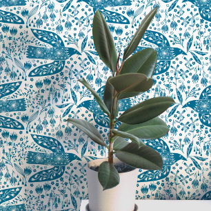 Doves and Flowers Teal and White Bird Art Wallpaper