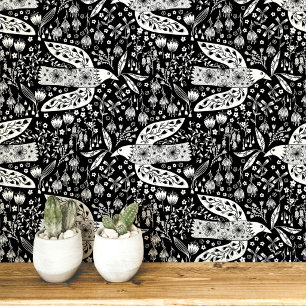 Doves and Flowers White on Black Bird Art Wallpaper