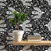 Doves and Flowers White on Black Bird Art