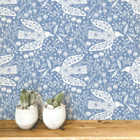 Doves and Flowers White on Dusty Blue Bird Art