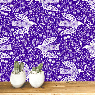 Doves and Flowers White on Purple Bird Art Wallpaper