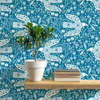 Doves and Flowers White on Teal Green Bird Art