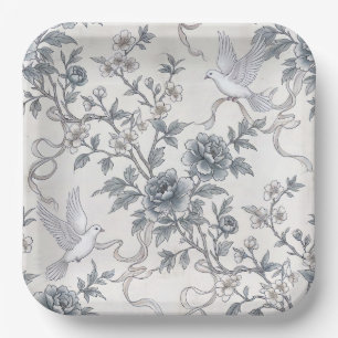 Doves and Peony Flowers with Ribbons Paper Plate