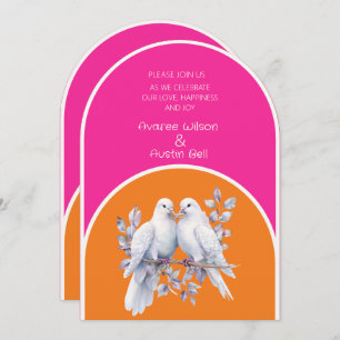 Doves and Rings Hot Pink and Tangerine Arched Invitation