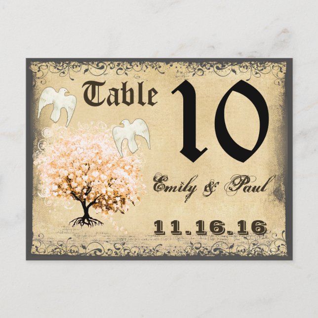 Doves Coral Heart Leaf Tree Table Number Card (Front)