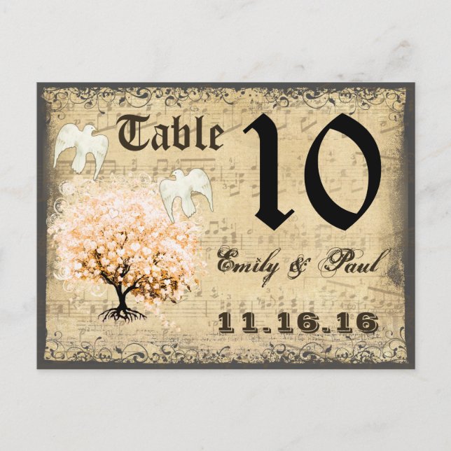 Doves Coral Heart Leaf Tree Table Number Card (Front)