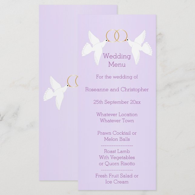 Doves Design Lilac Coloured Wedding Menu (Front/Back)