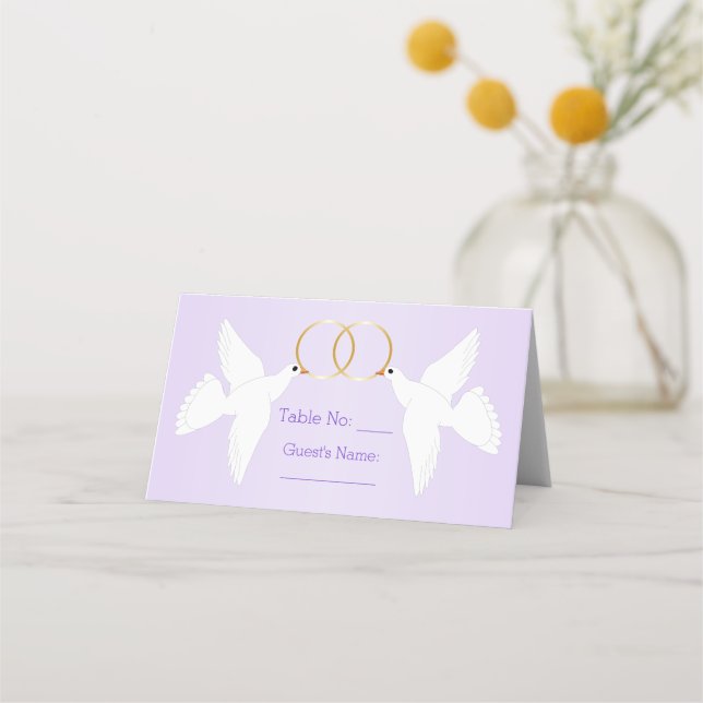 Doves Design Lilac Coloured Wedding Place Card (Front)