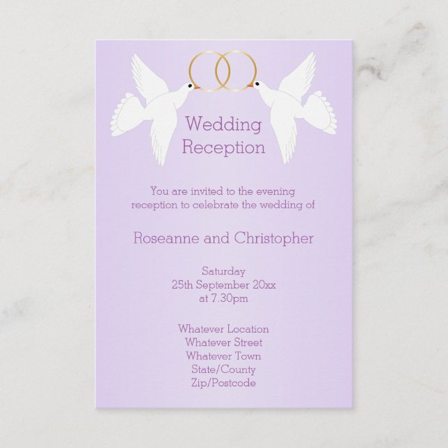 Doves Design Lilac Coloured Wedding Reception Enclosure Card (Front)
