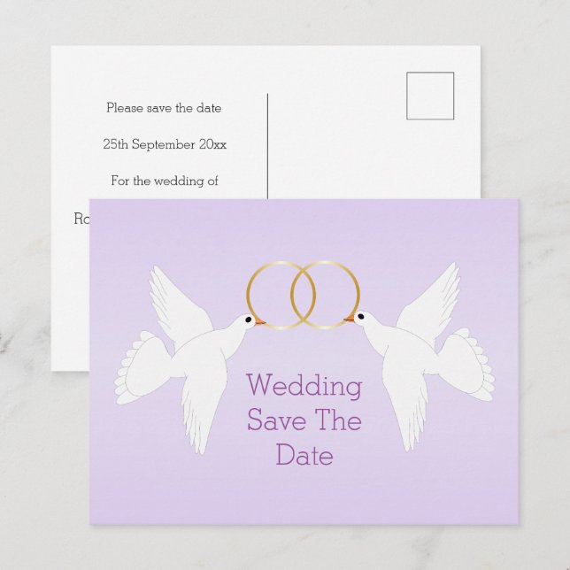 Doves Design Lilac Coloured Wedding Save The Date Announcement Postcard (Front/Back)